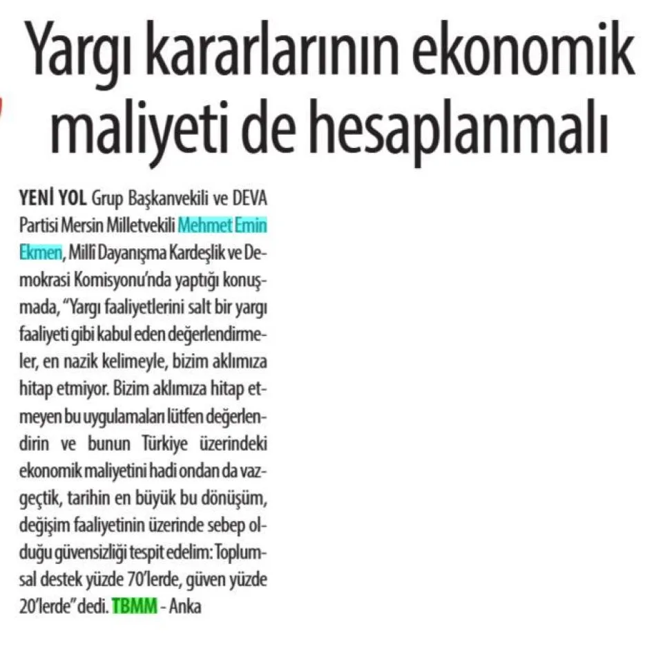 YARGI KARARLARININ EKONOMİK MALİYETİ DE HESAPLANMALI — gazete kupürü