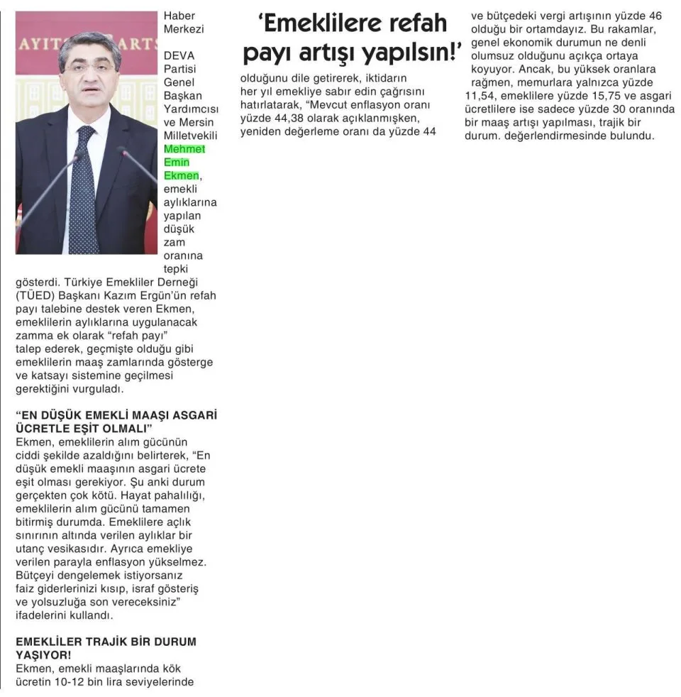 'EMEKLİLERE REFAH PAYI ARTIŞI YAPILSIN!' — gazete kupürü