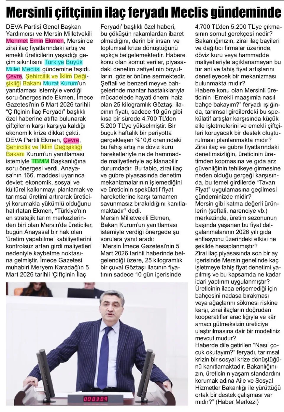 MERSİNLİ ÇİFTÇİNİN İLAÇ FERYADI MECLİS GÜNDEMİNDE — gazete kupürü