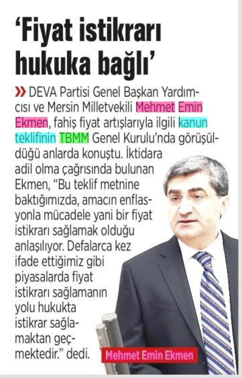 'FİYAT İSTİKRARI HUKUKA BAĞLI' — gazete kupürü