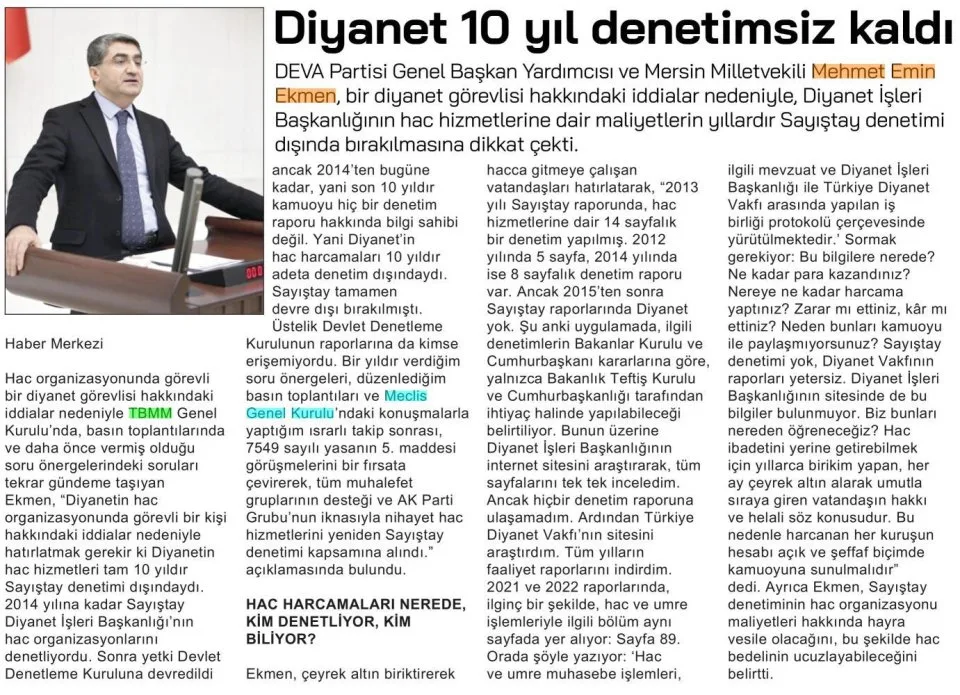 DİYANET 10 YIL DENETİMSİZ KALDI — gazete kupürü