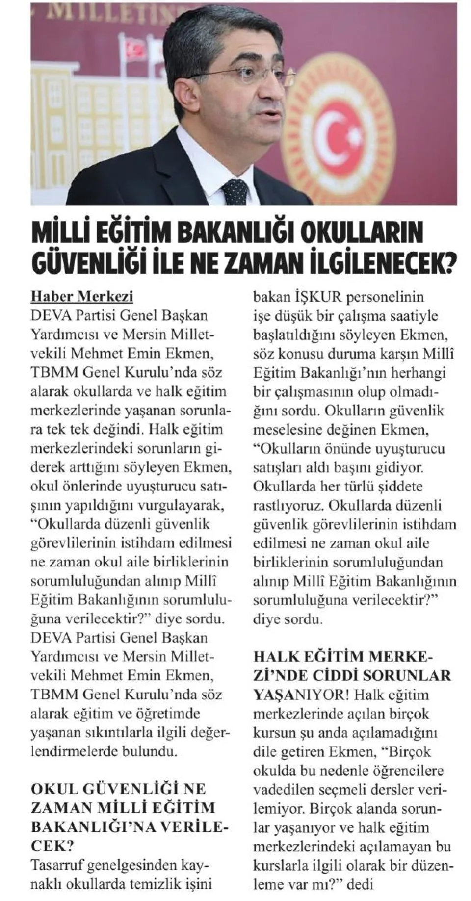 MİLLİ EĞİTİM BAKANLIĞI OKULLARIN GÜVENLİĞİ İLE NE ZAMAN İLGİLENECEK — gazete kupürü