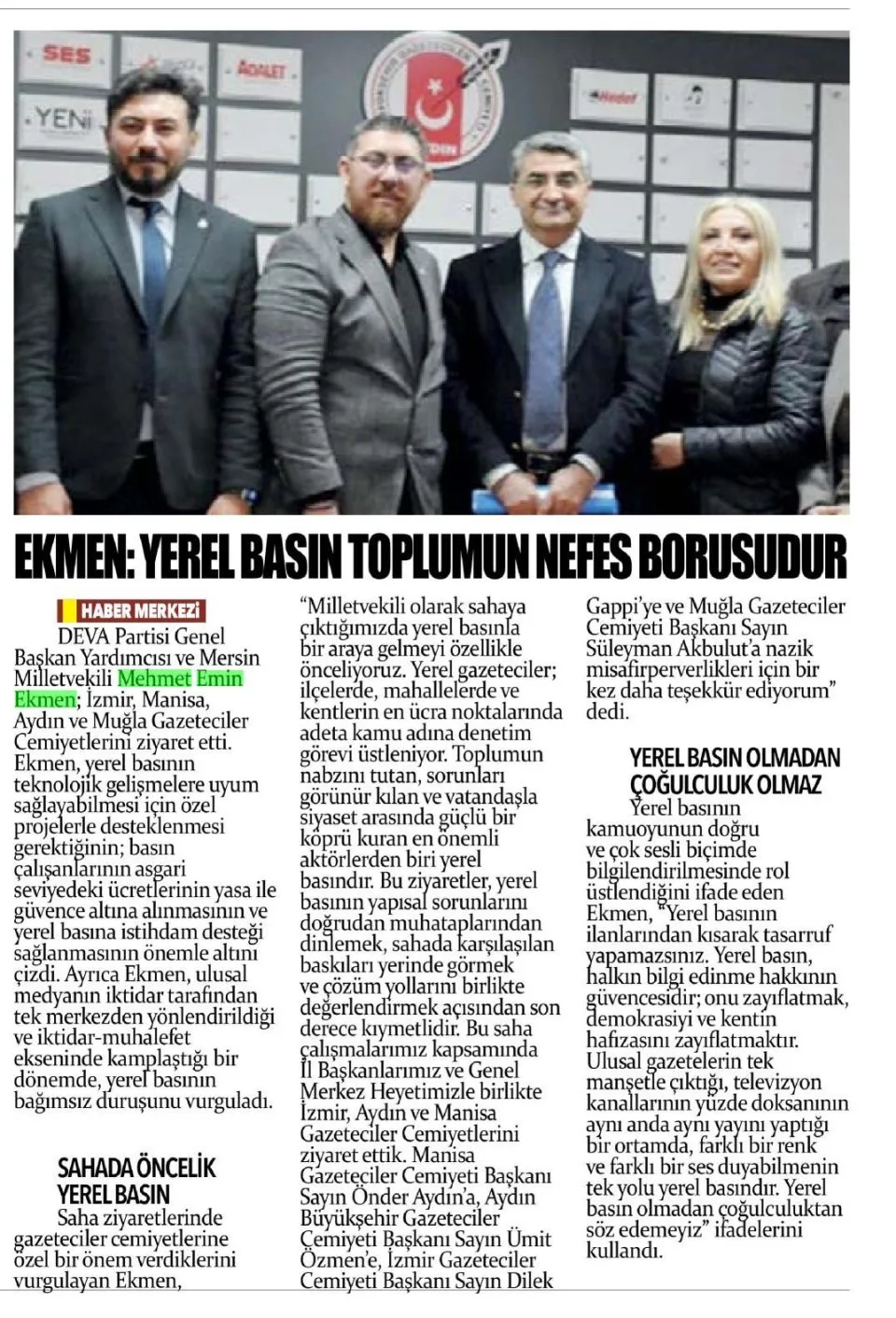 EKMEN,YEREL BASIN TOPLUMUN NEFES BORUSUDUR — gazete kupürü