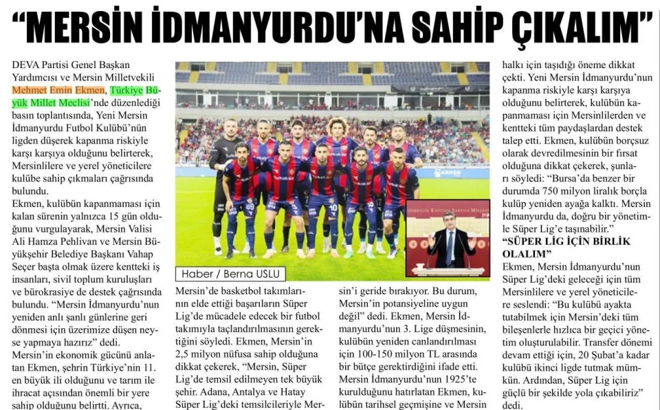 MERSİN İDMANYURDU'NA SAHİP ÇIKALIM — gazete kupürü