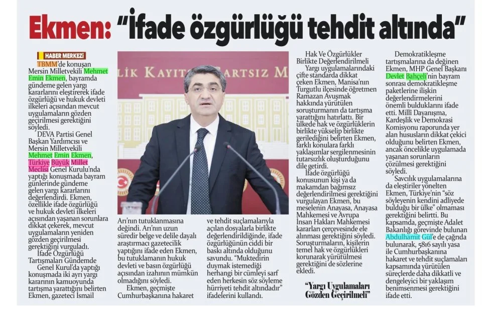 EKMEN : ''İFADE ÖZGÜRLÜĞÜ TEHDİT ALTINDA'' — gazete kupürü