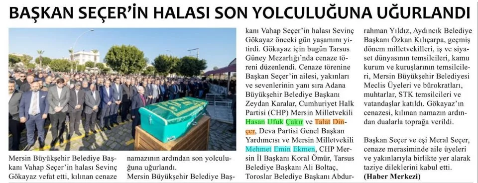 BAŞKAN SEÇER'İN HALASI SON YOLCULUĞUNA UĞURLANDI — gazete kupürü
