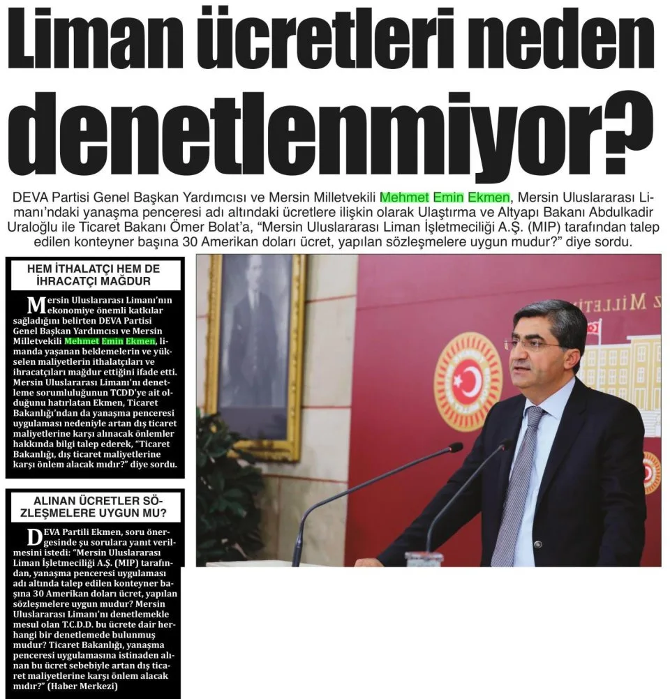 LİMAN ÜCRETLERİ NEDEN DENETLENMİYOR — gazete kupürü