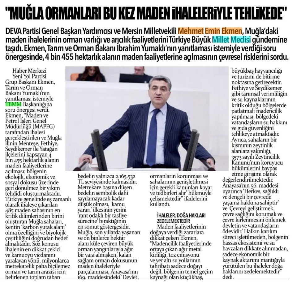 "MUĞLA ORMANLARI BU KEZ MADEN İHALELERİYLE TEHLİKEDE'' — gazete kupürü