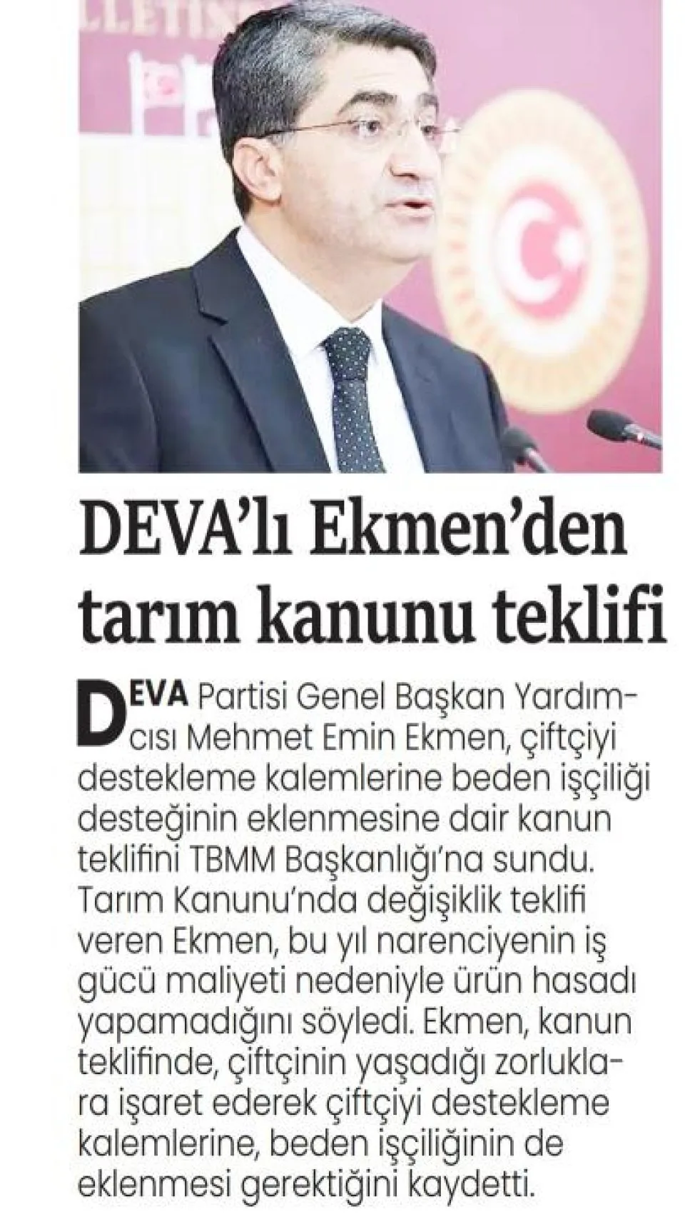 DEVA'LI EKMEN'DEN TARIM KANUNU TEKLİFİ — gazete kupürü