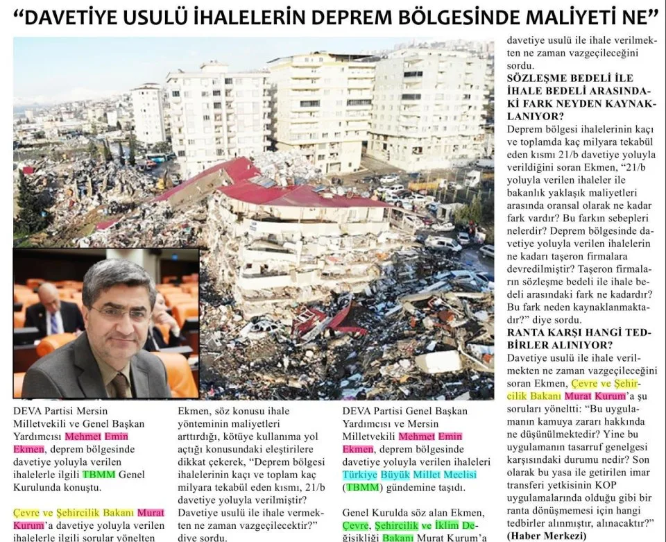 "DAVETİYE USULÜ İHALELERİN DEPREM BÖLGESİNDE MALİYETİ NE" — gazete kupürü