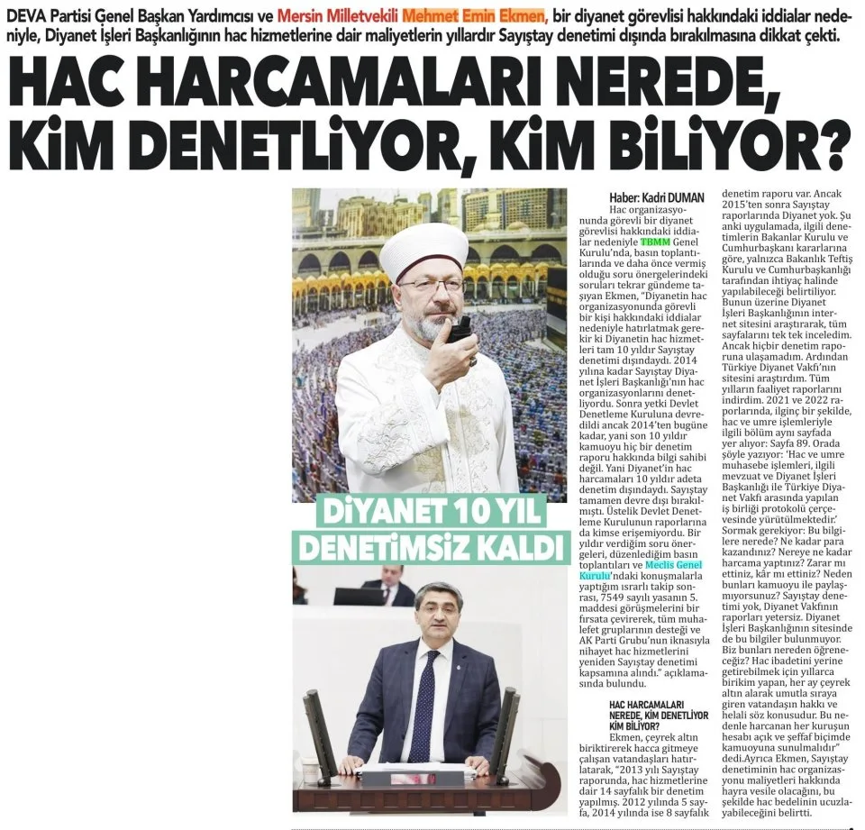 HAC HARCAMALARI NEREDE, KİM BİLİYOR — gazete kupürü