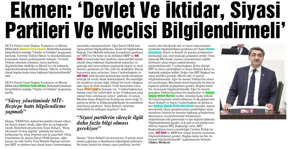 EKMEN: DEVLET VE İKTİDAR SİYASİ PARTİLERİ VE MECLİSİ BİLGİLENDİRMELİ — gazete kupürü