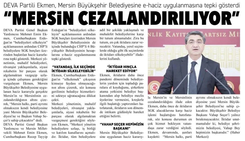 MERSİN CEZALANDIRILIYOR — gazete kupürü