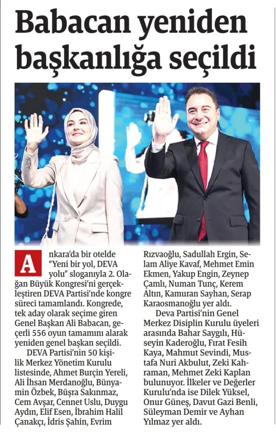 DEVA YENİDEN BABACAN DEDİ — gazete kupürü