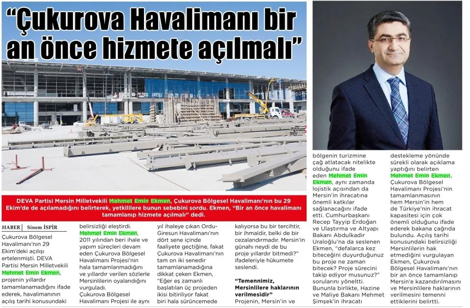 ''ÇUKUROVA HAVALİMANI BİR AN ÖNCE HİZMETE AÇILMALI" — gazete kupürü