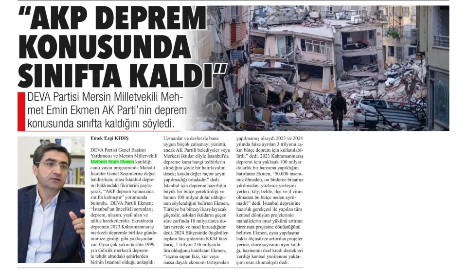 "AKP DEPREM KONUSUNDA SINIFTA KALDI" — gazete kupürü