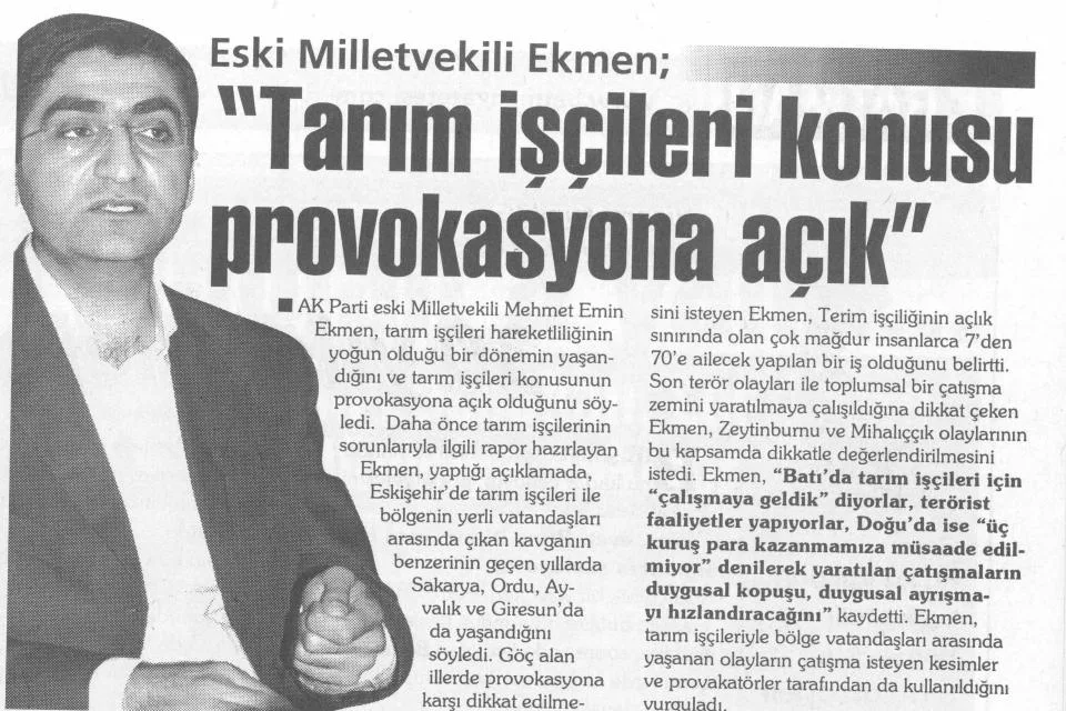 Tarım işçileri konusu provokasyona açık — gazete kupürü