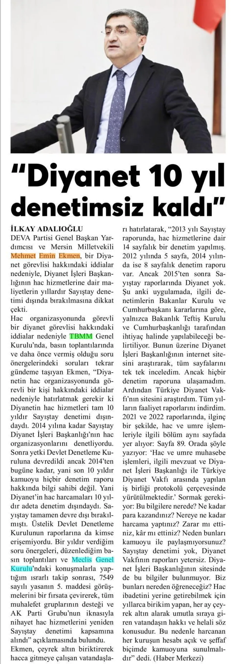 "DİYANET 10 YIL DENETİMSİZ KALDI'' — gazete kupürü