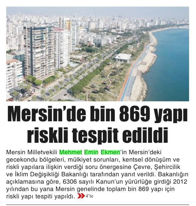 MERSİN'DE BİN 869 YAPI RİSKLİ TESPİT EDİLDİ — gazete kupürü
