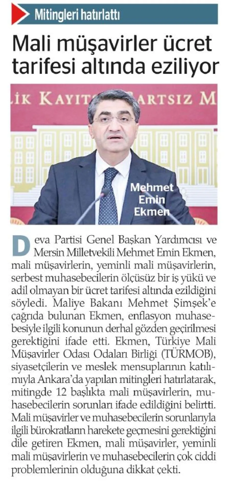 MALİ MÜŞAVİRLER ÜCRET TARİFESİ ALTINDA EZİLİYOR — gazete kupürü