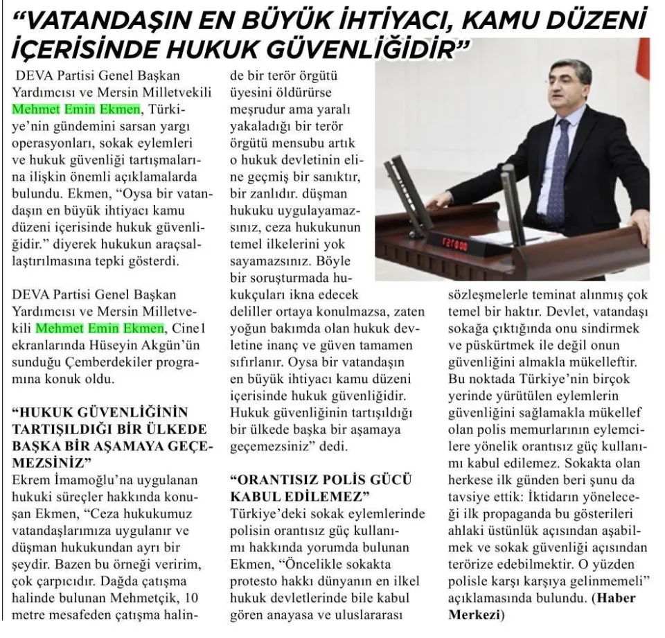 EKMEN'DEN HUKUK GÜVENLİĞİ ÇIKIŞI — gazete kupürü