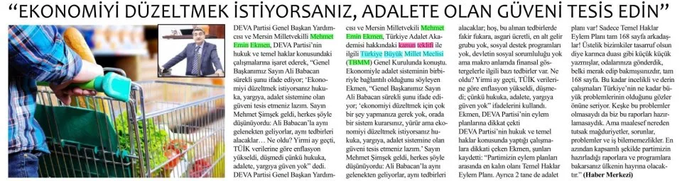 "EKONOMİYİ DÜZELTMEK İSTİYORSANIZ, ADALETE OLAN GÜVENİ TESİS EDİN" — gazete kupürü