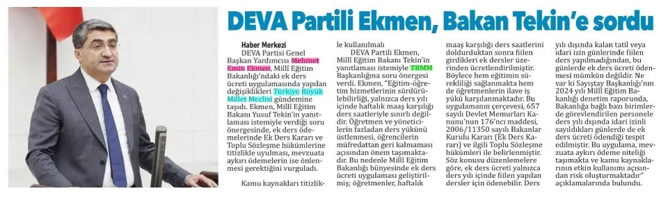 DEVA PARTİLİ EKMEN, BAKAN TEKİN'E SORDU — gazete kupürü