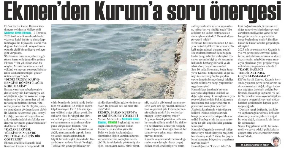 EKMEN'DEN KURUM'A SORU ÖNERGESİ — gazete kupürü
