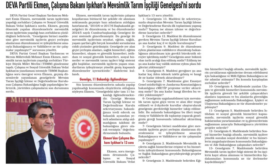 DEVA PARTİLİ EKMEN — gazete kupürü