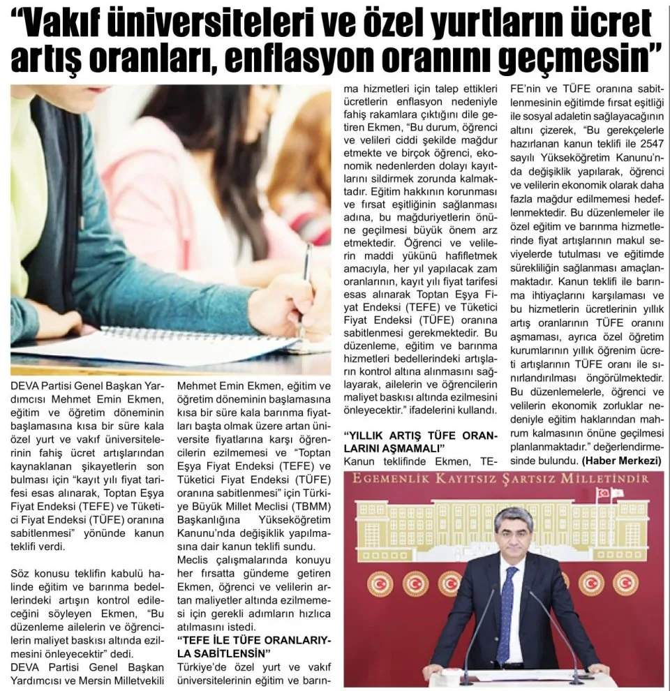 EKMEN, FAHİŞ EĞİTİM FİYATLARINA DİKKAT ÇEKTİ — gazete kupürü