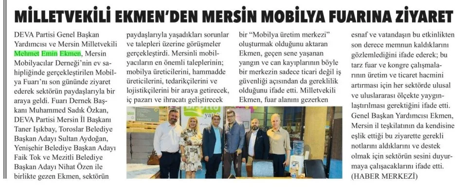 MİLLETVEKİLİ EKMEN'DEN MERSİN MOBİLYA FUARINA ZİYARET — gazete kupürü