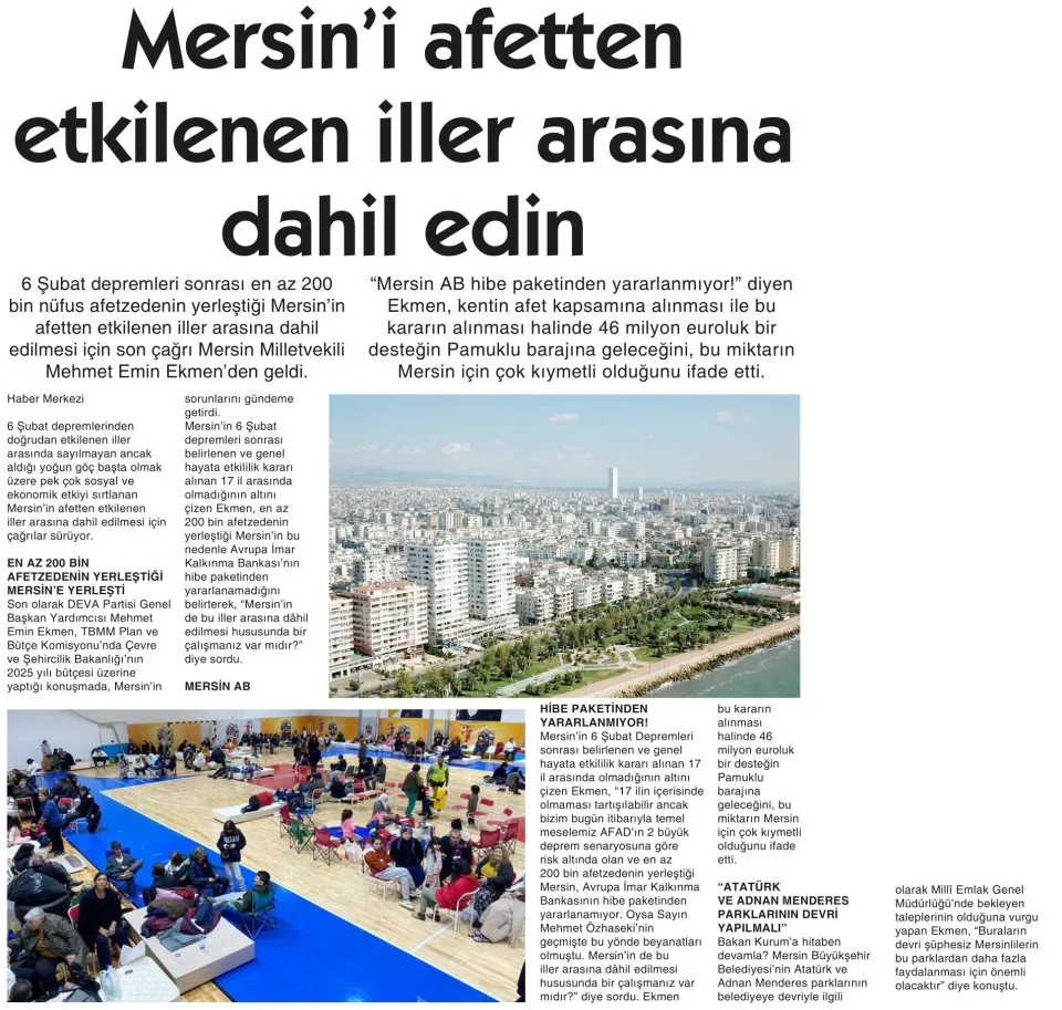 MERSİN'İ AFETTEN ETKİLENEN İLLER ARASINA DAHİL EDİN — gazete kupürü