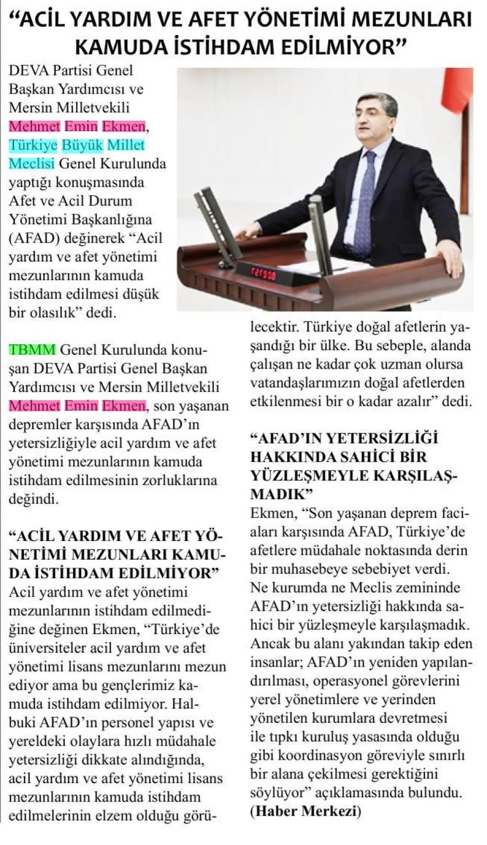 "ACİL YARDIM VE AFET YÖNETİMİ MEZUNLARI KAMUDA İSTİHDAM EDİLMİYOR" — gazete kupürü