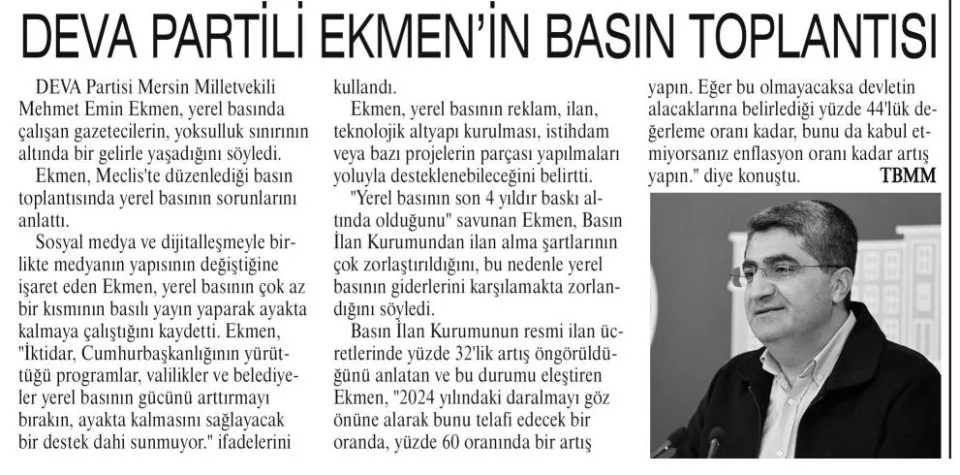 DEVA PARTİLİ EKMENİN BASIN TOPLANTISI — gazete kupürü