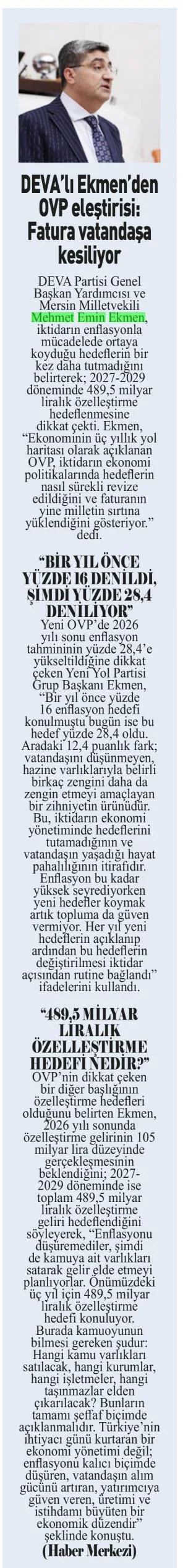 DEVA'LI EKMEN'DEN OVP ELEŞTİRİSİ: FATURA VATANDAŞA KESİLİYOR — gazete kupürü