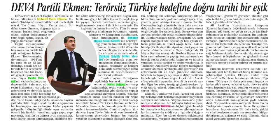 DEVA PARTİLİ EKMEN: TERÖRSÜZ TÜRKİYE HEDEFİNE DOĞRU TARİHİ BİR EŞİK — gazete kupürü