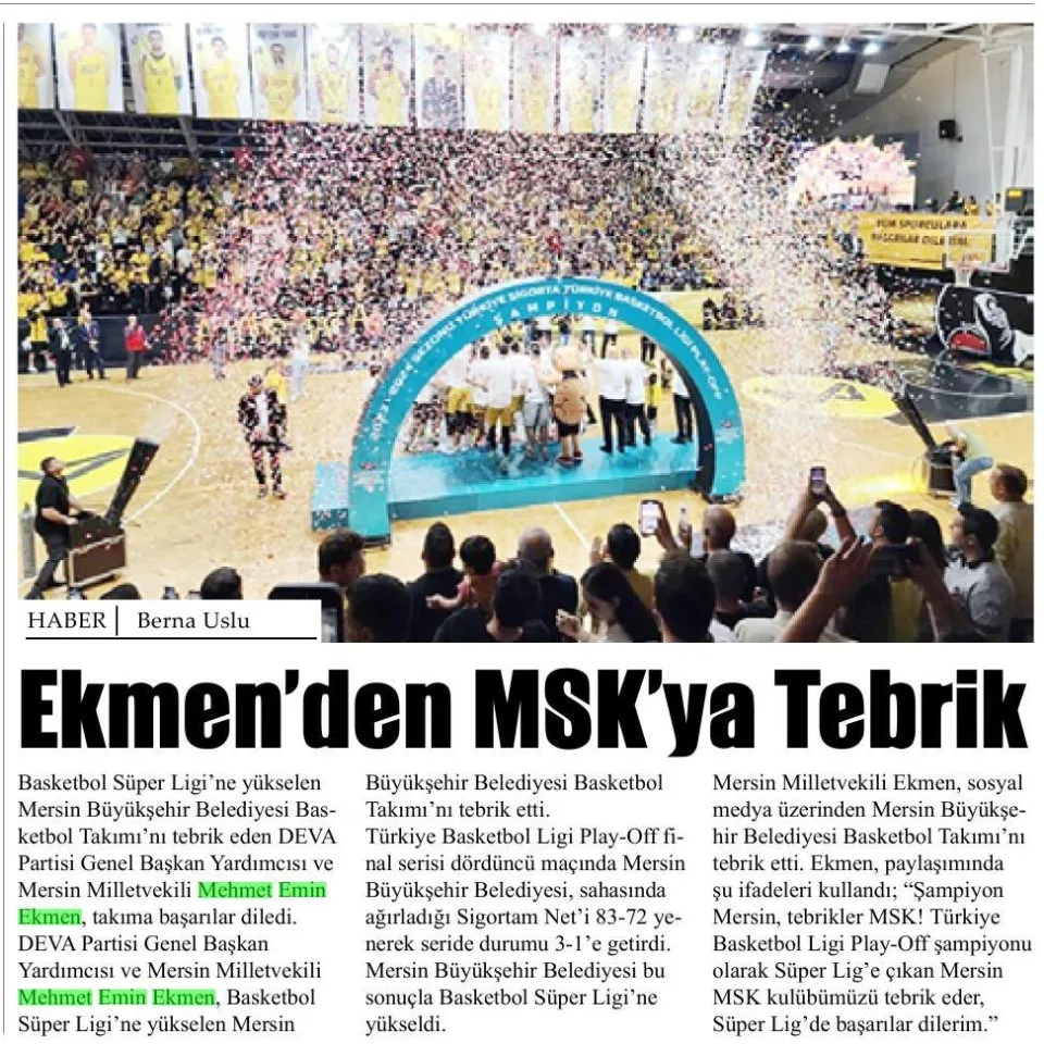 EKMENDEN MSK'YA TEBRİK — gazete kupürü