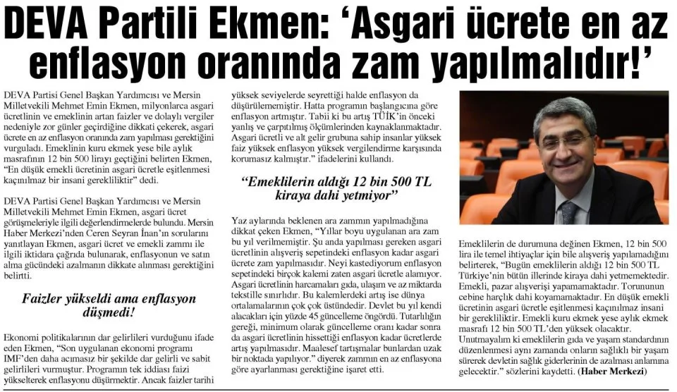 EKMEN: 'ASGARİ ÜCRETE EN AZ ENFLASYON ORANINDA ZAM YAPILMALIDIR!' — gazete kupürü