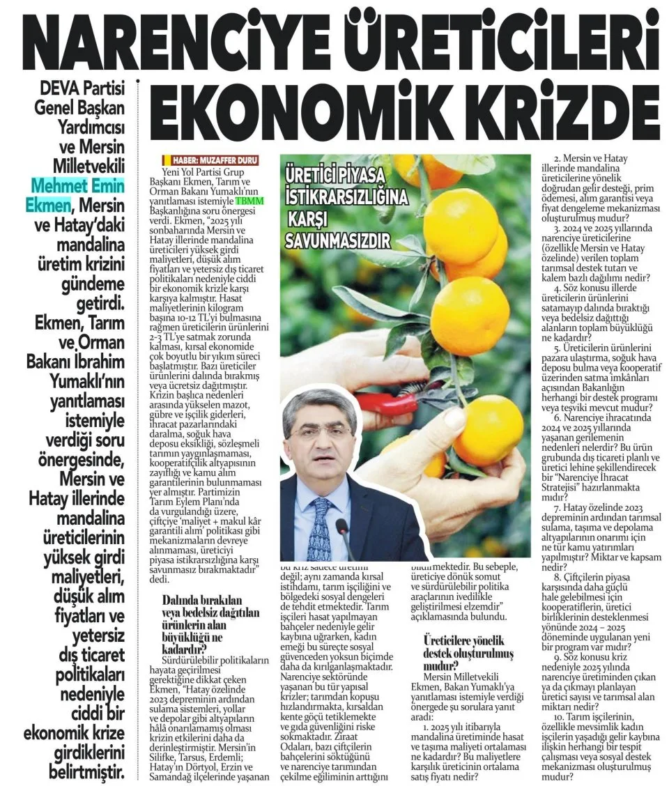 NARENCİYE ÜRETİCİLERİ EKONOMİK KRİZDE — gazete kupürü