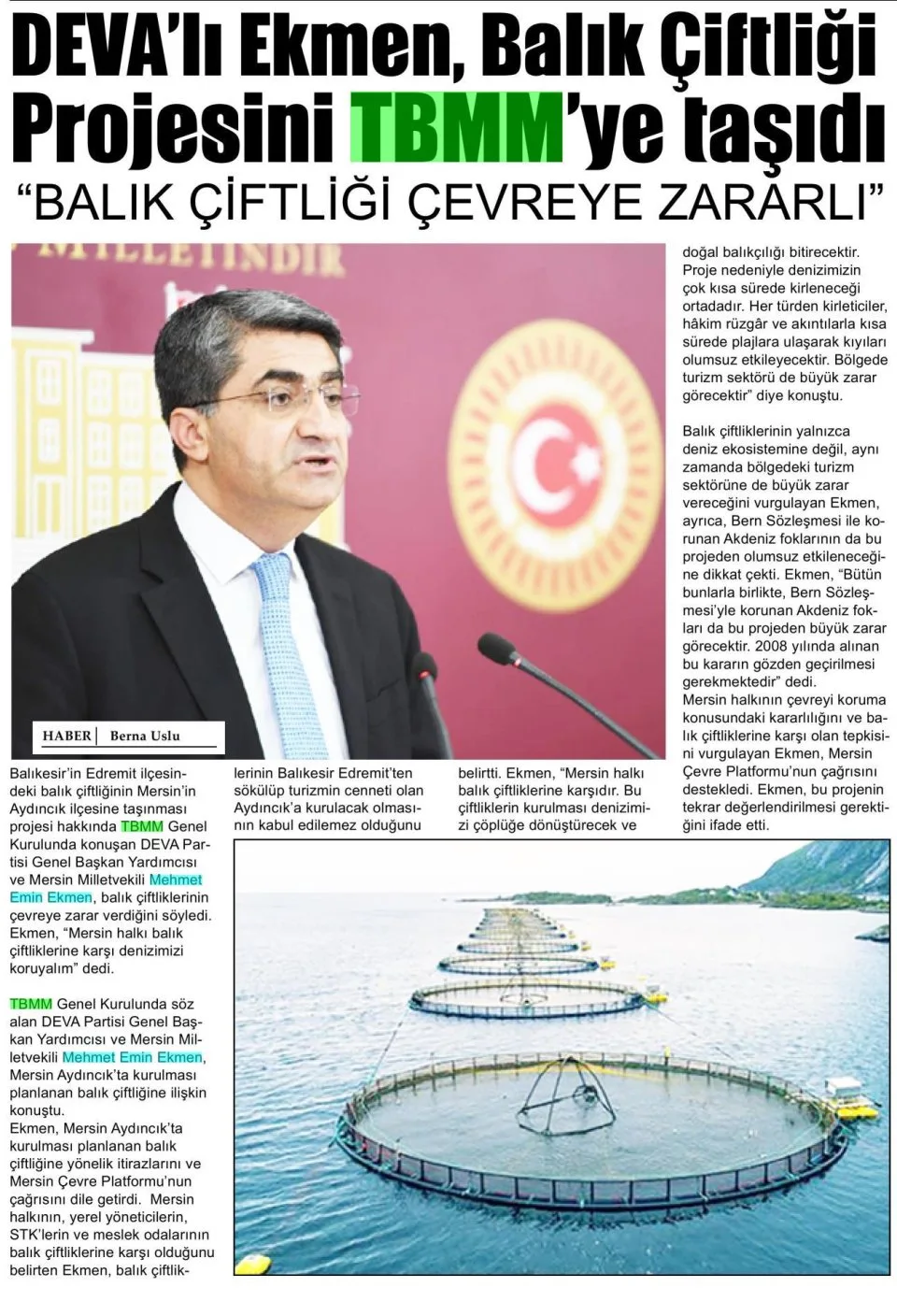 "BALIK ÇİFTLİĞİ ÇEVREYE ZARARLI" — gazete kupürü