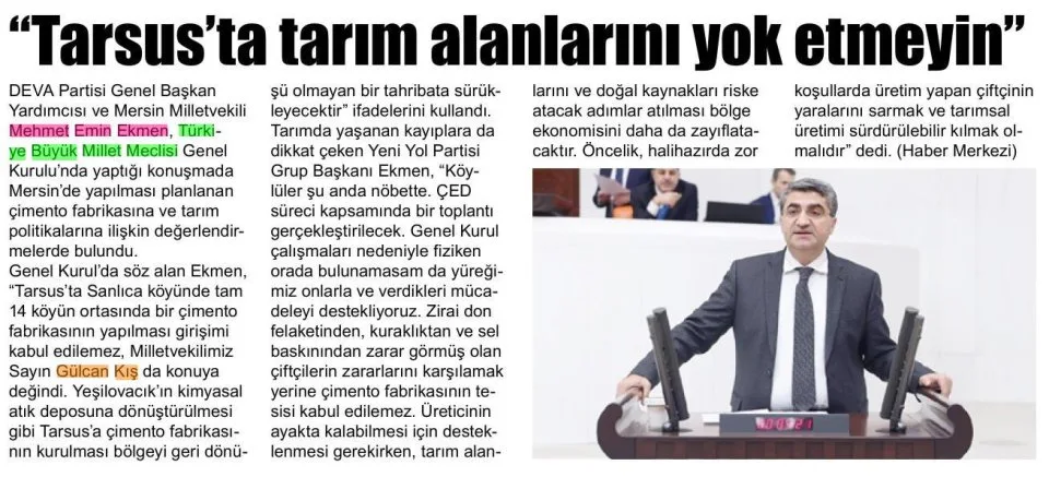 "TARSUS'TA TARIM ALANLARINI YOK ETMEYİN" — gazete kupürü