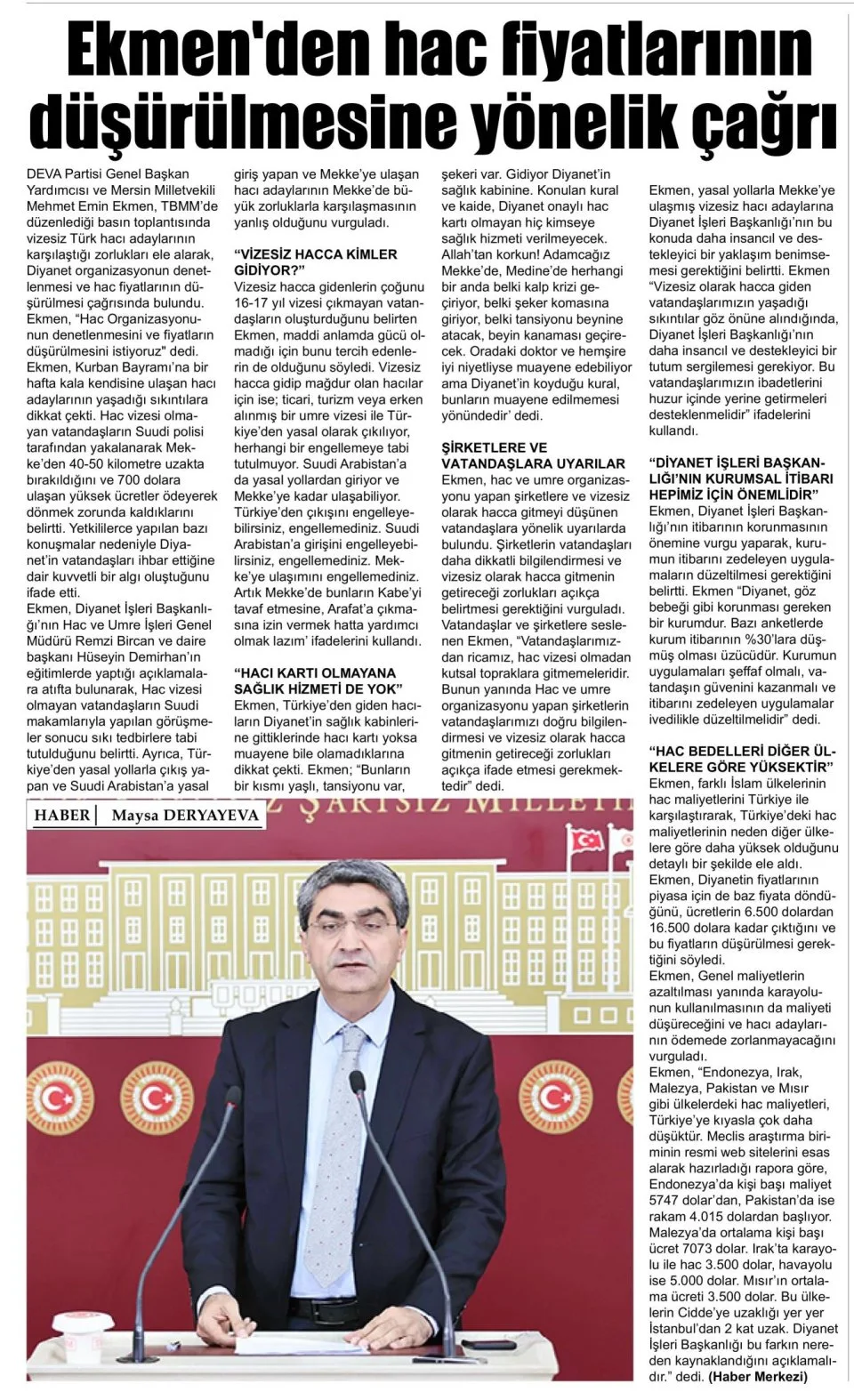 EKMEN'DEN HAC FİYATLARININ DÜŞÜRÜLMESİNE YÖNELİK ÇAĞRI — gazete kupürü