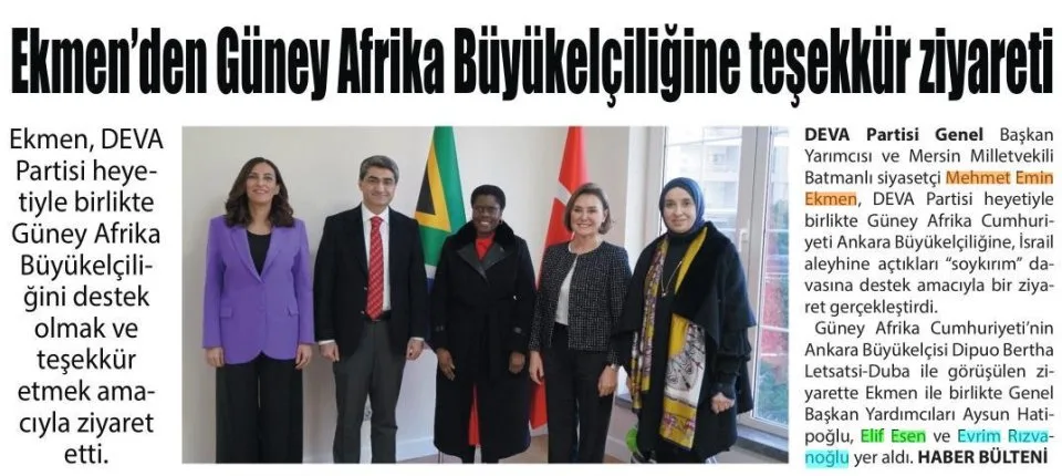 EKMEN DEN GÜNEY AFRİKA BÜYÜKELÇİLİĞİNE TEŞEKKÜR ZİYARETİ — gazete kupürü