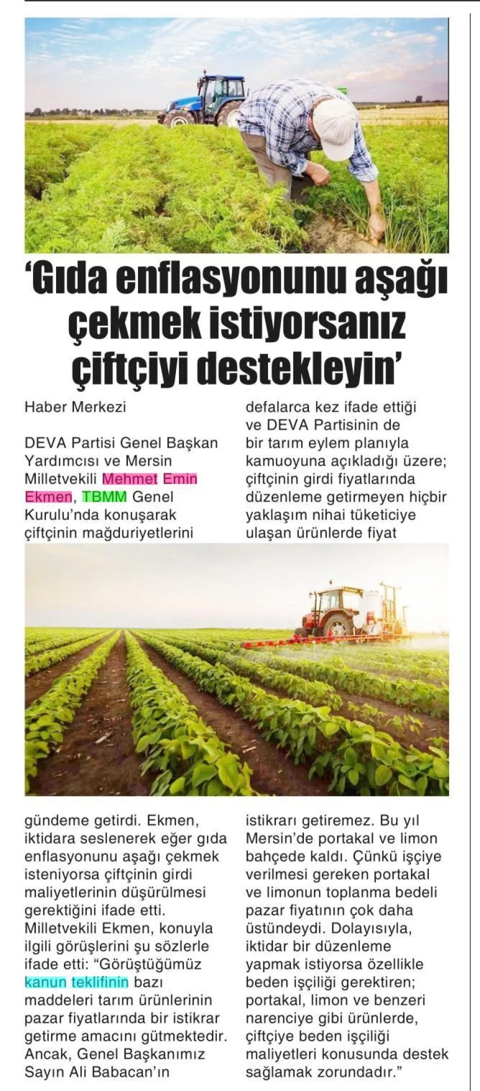 'GIDA ENFLASYONUNU AŞAĞI ÇEKMEK İSTİYORSANIZ ÇİFTÇİYİ DESTEKLEYİN' — gazete kupürü