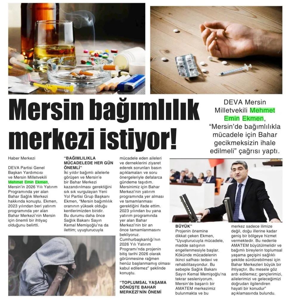 MERSİN BAĞIMLILIK MERKEZİ İSTİYOR! — gazete kupürü
