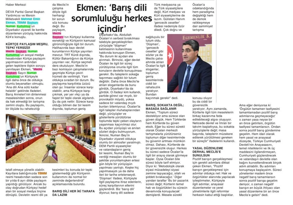 EKMEN: BARIŞ DİLİ SORUMLULUĞU HERKES İÇİNDİR — gazete kupürü