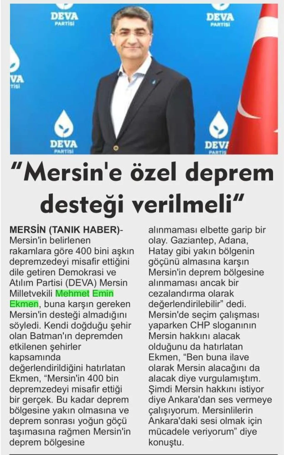 "MERSİN'E ÖZEL DEPREM DESTEĞİ VERİLMELİ" — gazete kupürü