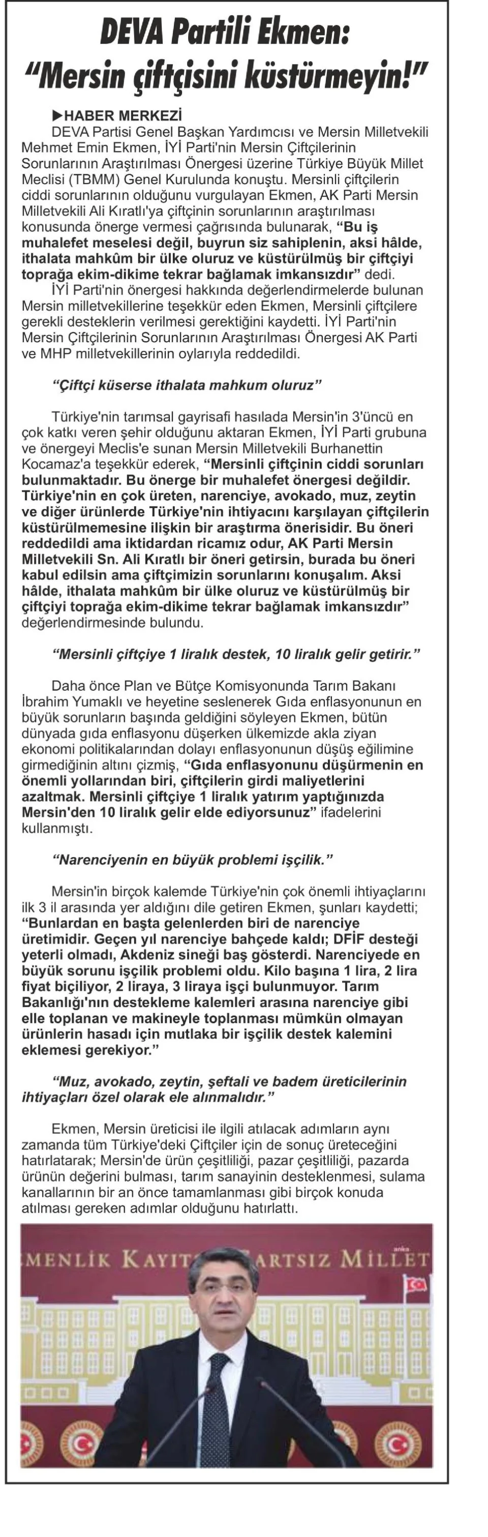 DEVA PARTİLİ EKMEN — gazete kupürü