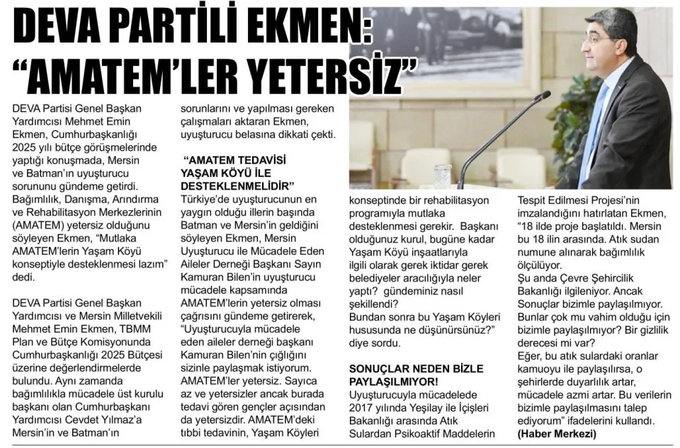 DEVA PARTİLİ EKMEN: AMATEMLER YETERSİZ — gazete kupürü