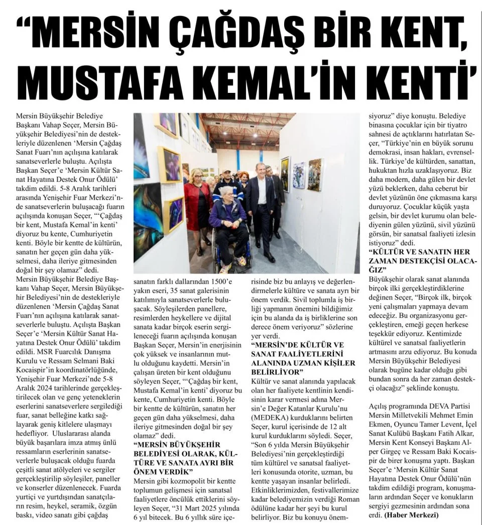 "MERSİN ÇAĞDAŞ BİR KENT, MUSTAFA KEMALİN KENTİ — gazete kupürü